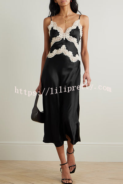 Dreaming of You Contrast Color Satin Lace Trim Back Tie-up Slip Midi Dress