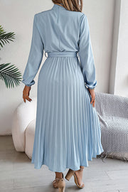 Elegant Stand-collar Long-sleeve Waisted Tie-up Pleated Midi Dress