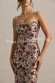 The Center of Attention Floral Print Sequin Square Neck Slip Stretch Maxi Dress