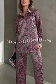 Leopard Print Long-sleeved Casual Top and Loose Elastic Waist Tie Pants Set