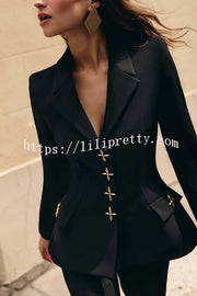 Women Power Metal Cross Snap Button Long Sleeve Lapel Blazer