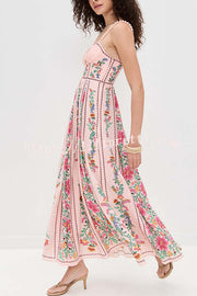 Linen Blend Delicate Forest Unique Print Sweetheart Neck Beaded Straps Maxi Dress