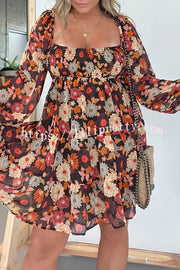 Lilipretty Autumn Leaves Layered Square Neck Long Sleeved Mini Dress