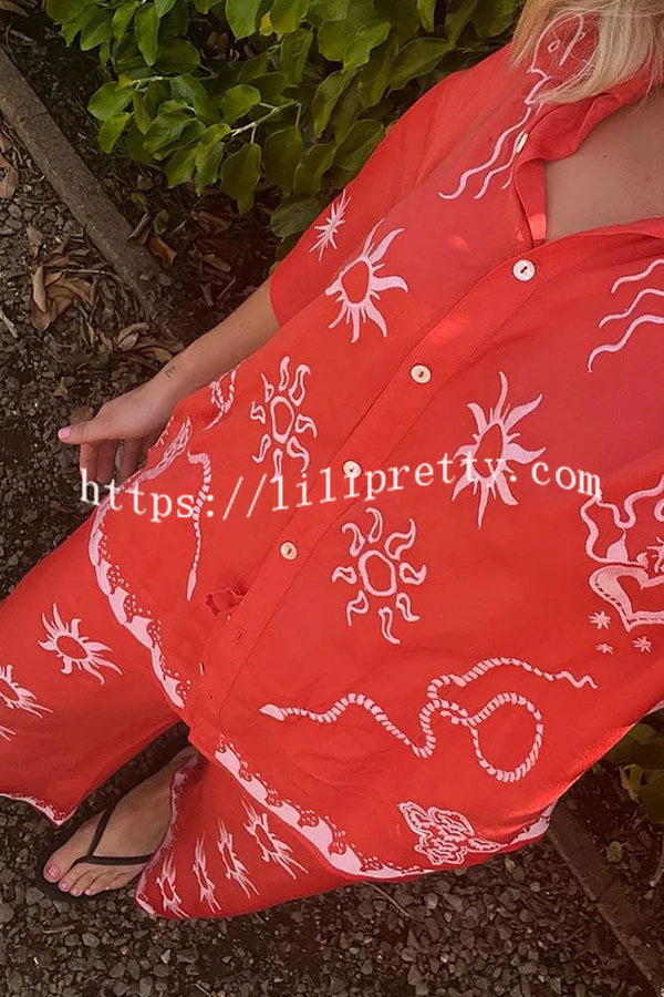 Lilipretty Unique Sun Print Buttoned Elastic Waist Pocket Pants Set