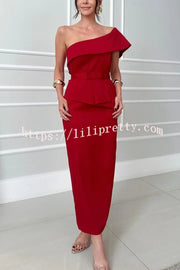 Sweet Party One Shoulder Lapel Neck Sleeveless Bow Belt Pencil Midi Dress