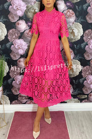 Elegant Crocheted Cutout Lace Short-sleeved Stand-collar Midi Dress