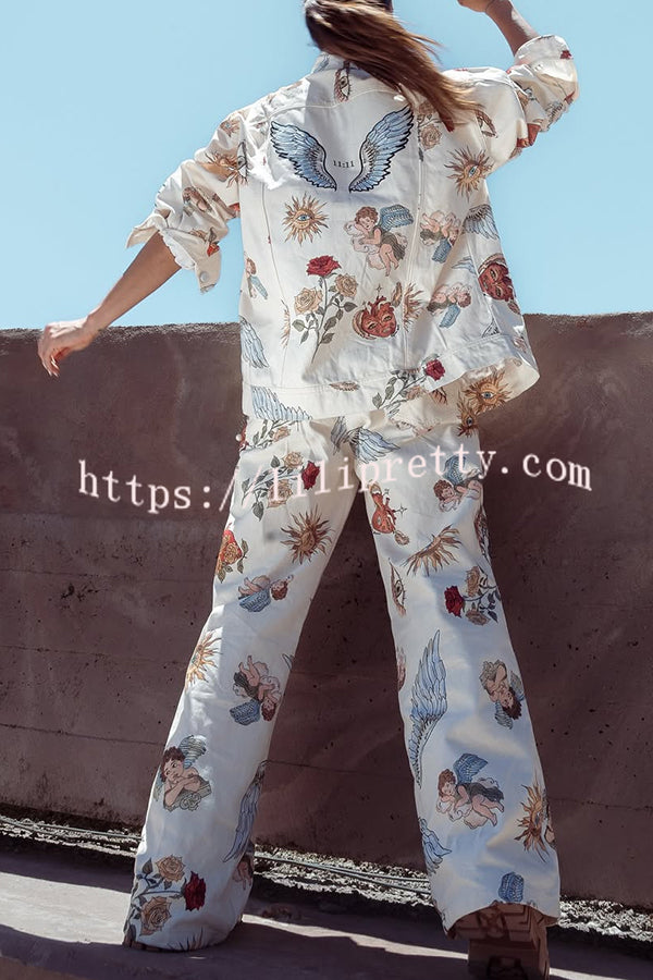 Angel Wings Denim Unique Print Mid Rise Pocket Loose Pants