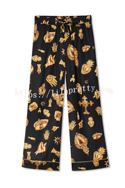 Golden Night Unique Print Color-block Trim Loose Shirt and Elastic Waist Pocketed Pajama Set
