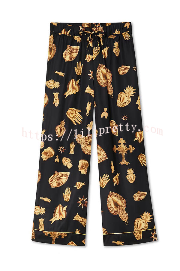 Golden Night Unique Print Color-block Trim Loose Shirt and Elastic Waist Pocketed Pajama Set