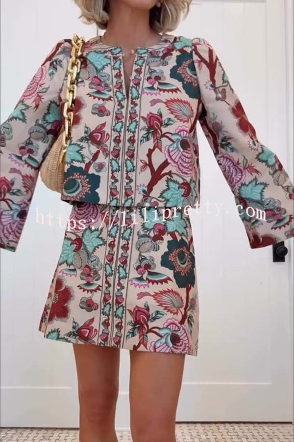 Autumn Garden Printed V-neck Long Bell Sleeve Top and Mid Rise Skirt Set
