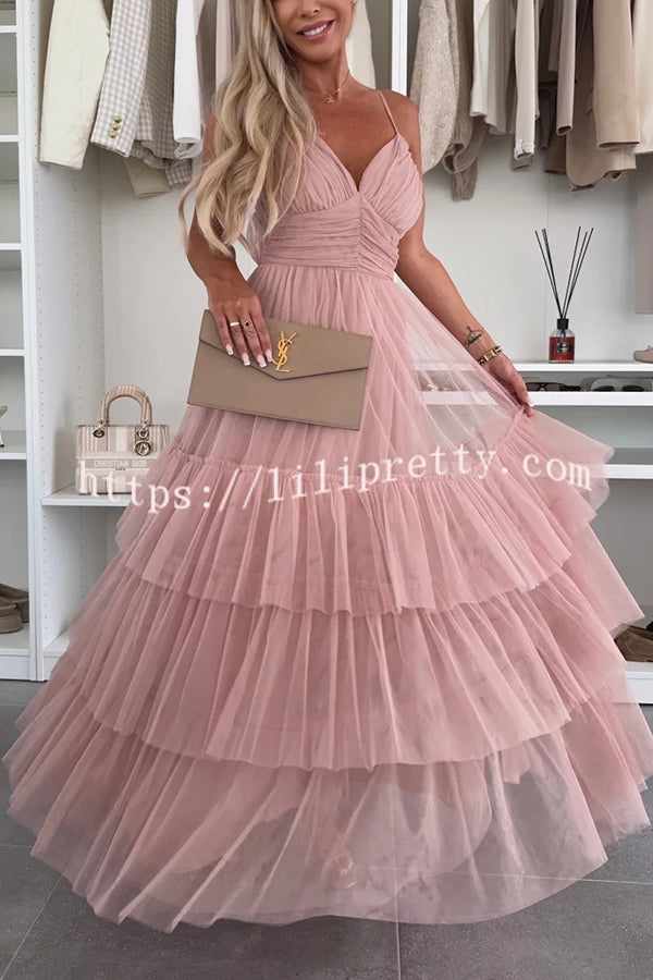 Romantic Movie Tulle Ruched Tiered Hem Slip Maxi Dress