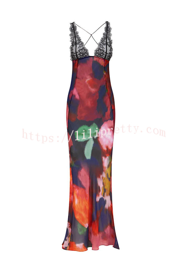 Rosalinda Abstract Floral Print Lace Patchwork Back Lace-up Maxi Dress