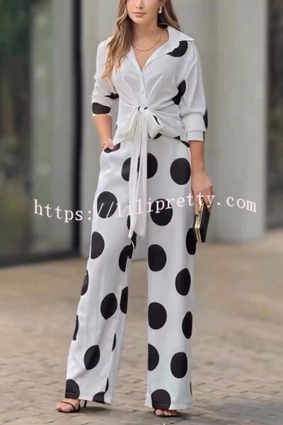 Fashion Lapel Long-sleeved Tie Waist Shirt and Casual Polka Dot Print Wide-leg Pants Set
