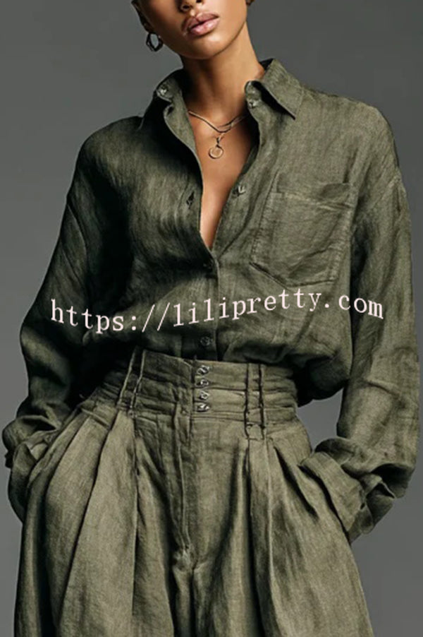 Linen Blend Lapel Long-sleeved Casual Shirt and High-waist Pocket Loose Wide-leg Pants Set