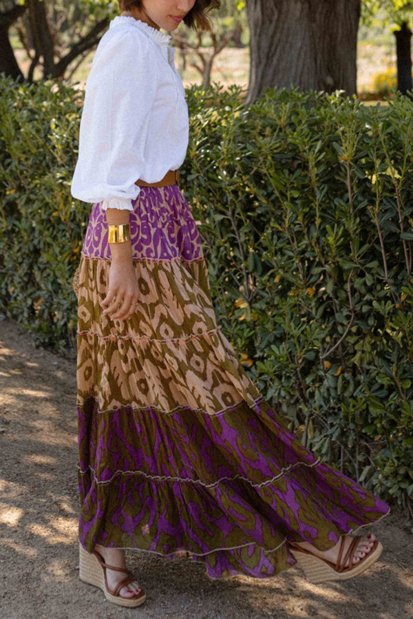 Resort Style Unique Print Elastic Waist Loose Stitching Maxi Skirt
