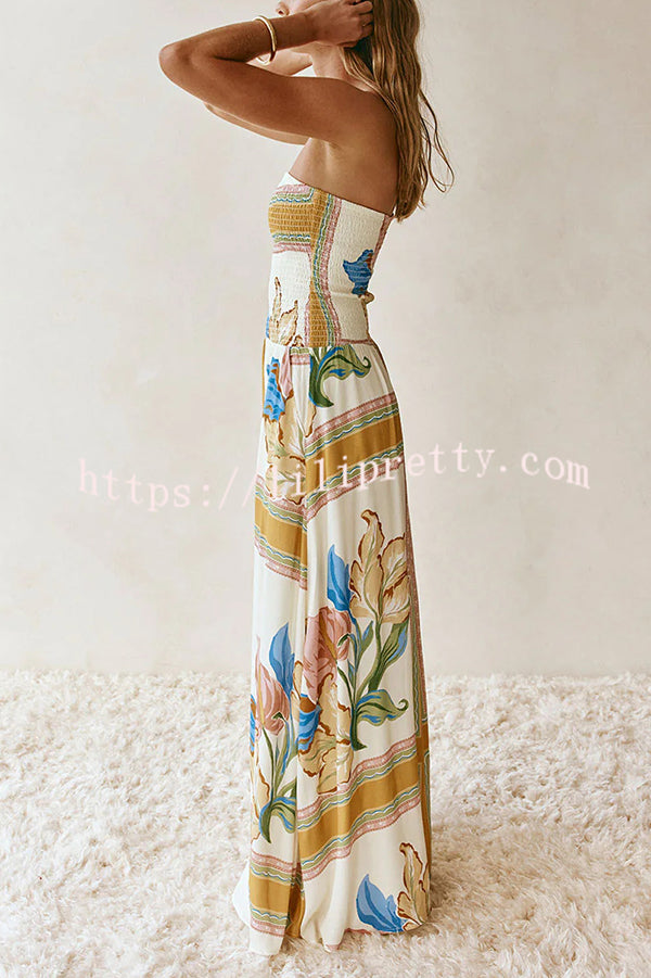 Linen Blend Unique Print Off-The-Shoulder Pleated Resort Maxi Dress