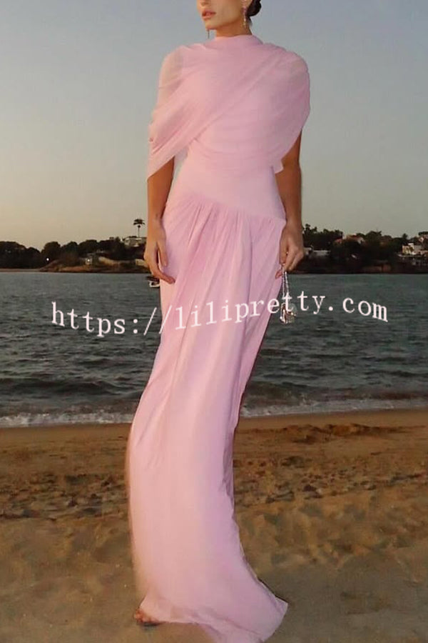 Elegant Mesh Cape-style Pleated Draped Maxi Dress