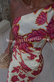 Rhia Satin Floral Print One Shoulder Flared Maxi Dress