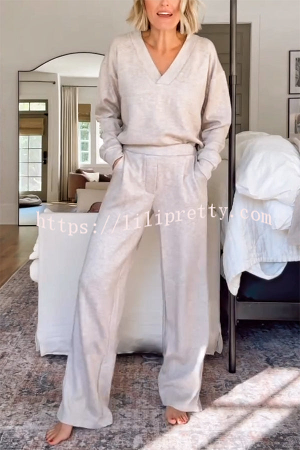 Oatmeal Morning Solid Color V-neck Sweatshirt and Elastic Waist Pocketed Lounge Pants Set