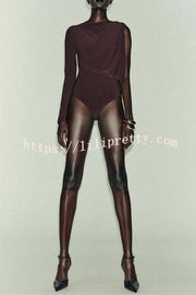 After Party Energy Brooch Detail One Sleeve Ruched Drape Stretch Bodysuit