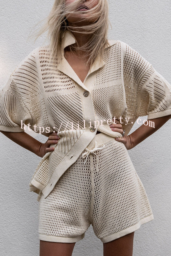 Casual Knitted Hollow Shirt Top and Elastic Waist Tie Loose Shorts Set