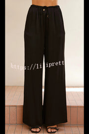 Brylee Satin Wrap Drape Style Top and Elastic Waist Pocket Wide Leg Pants Set