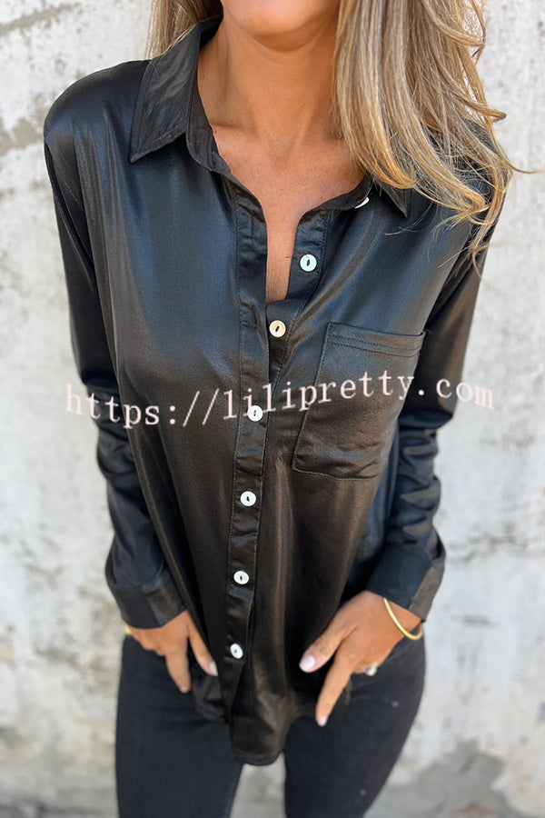 Holiday Look Solid Metallic Loose Pocket Button-down Blouse