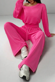 Solid Color Loose Long-sleeved Short Top and Elastic Waist Casual Pocket Wide-leg Pants Set