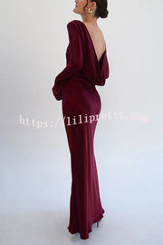 Satin Elegant Long-sleeved Open-back Slim-fit Slit Maxi Dress