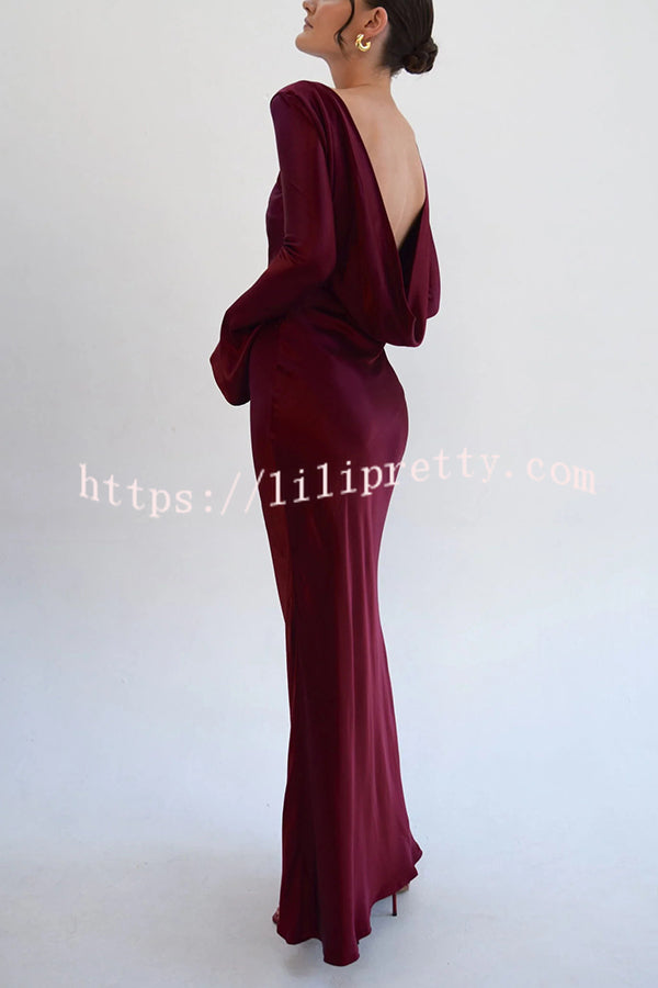 Satin Elegant Long-sleeved Open-back Slim-fit Slit Maxi Dress