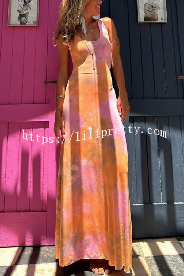 Summer Adventures Tie-dye Print Back Lace-up Stretch Maxi Dress