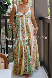 Sweet Garden Linen Blend Color Block Floral Paneled Maxi Dress