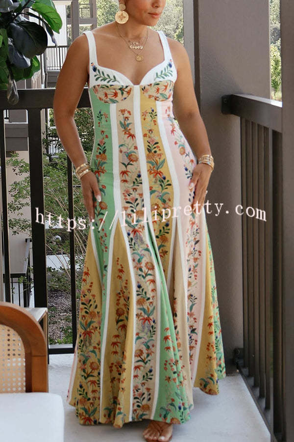 Sweet Garden Linen Blend Color Block Floral Paneled Maxi Dress
