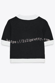 Fashionable Contrast Color Short-sleeved Button-down Top