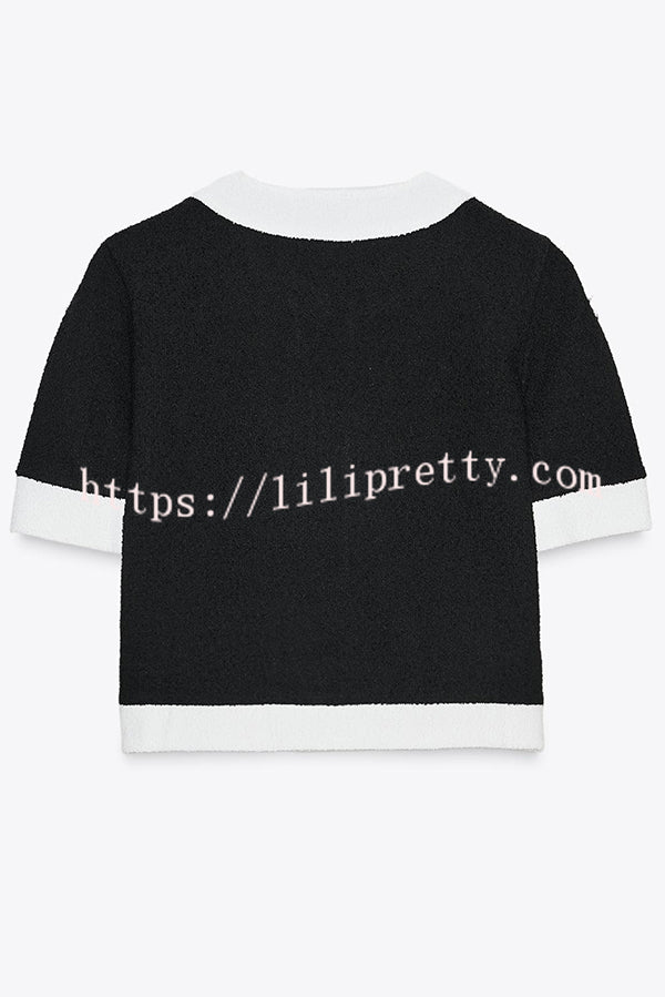 Fashionable Contrast Color Short-sleeved Button-down Top