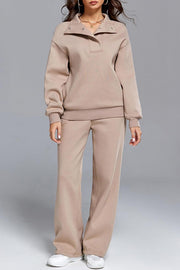 Solid Color Long-sleeved Lapel Sports Sweatshirt and Elastic Waist Casual Pocket Pants Set