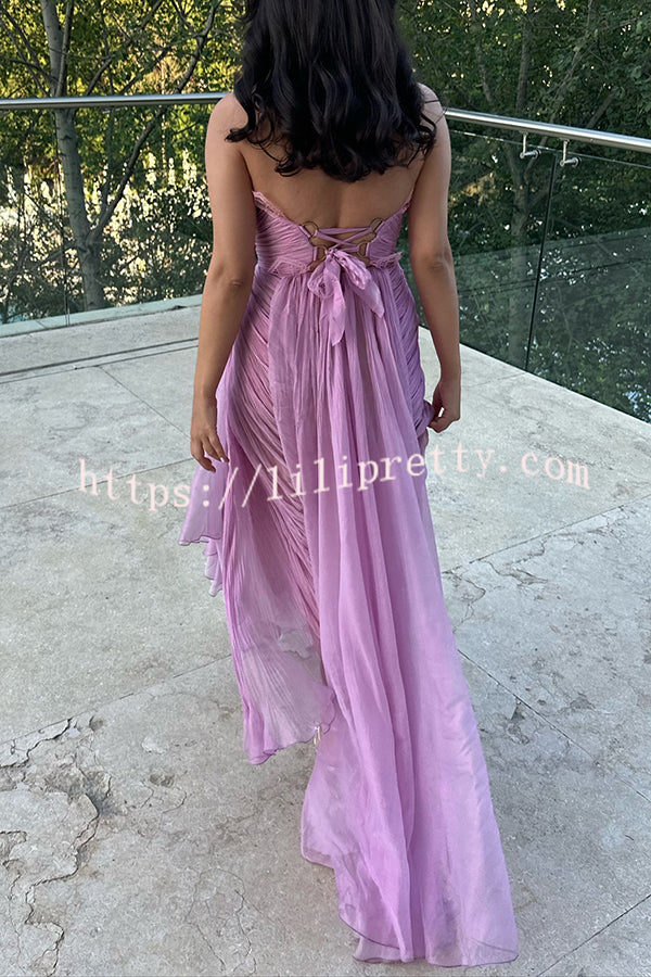 Julie Tulle Lace Trim Off Shoulder Ruched Back Lace-up Drape Slit Maxi Dress