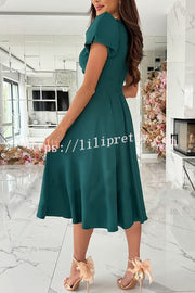 Zayla Solid Color Puff Sleeve V-neck Waist Slim Fit Midi Dress