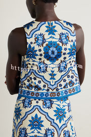 Unique Printed Round Neck Sleeveless Top and Casual Mini Skirt Set