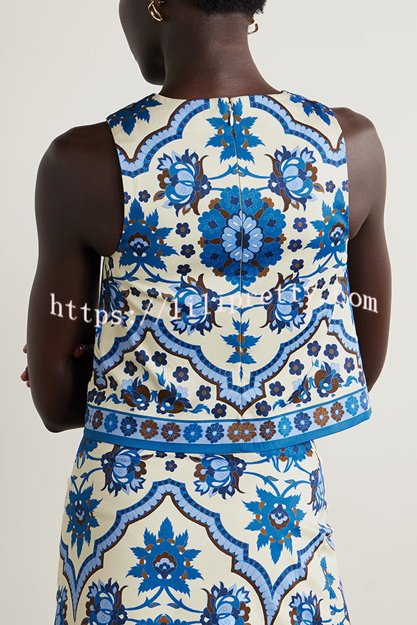 Unique Printed Round Neck Sleeveless Top and Casual Mini Skirt Set