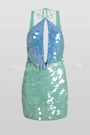 Fashion Sexy Sequined Backless Halter Neck Slim Fit Mini Dress
