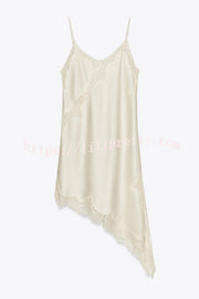 Satin Lace Trim V-neck Asymmetrical Hem Slip Mini Dress