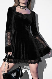 Solid Color Velvet and Lace Spliced long-sleeved Elegant Mini Dress