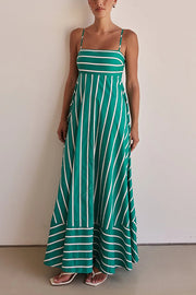 Stripe Print Sling Backless Pleated Maxi Dress