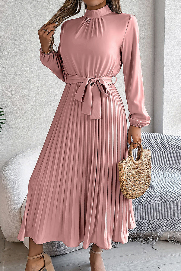 Elegant Stand-collar Long-sleeve Waisted Tie-up Pleated Midi Dress