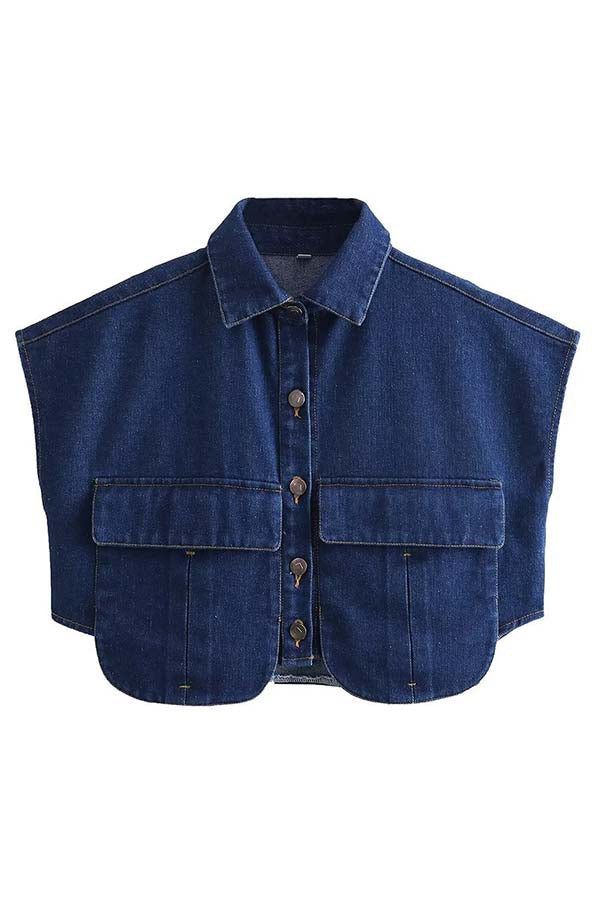 Stylish Weekend Denim Button Up Cape Sleeve Pocket Crop Top