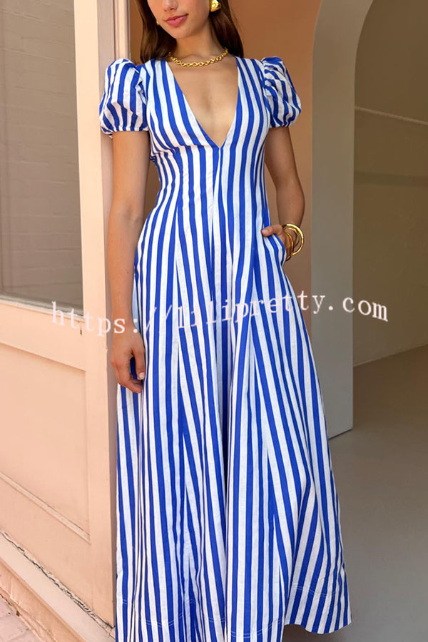 Indulge in Timeless Striped Print Puff Sleeve Pocketed Wavy Maxi Dress