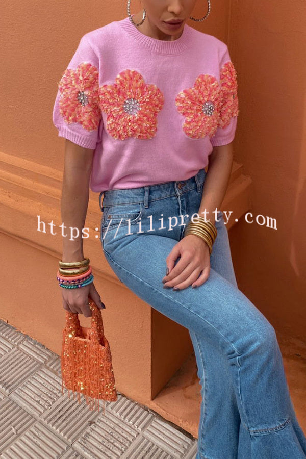 Contrast Color Floral Crew Neck Short Sleeved Sweaters