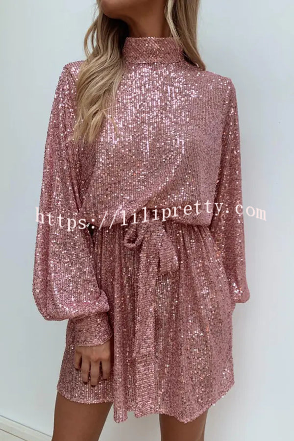 Fashionable Sequined Long-sleeved Belted Casual Mini Dress