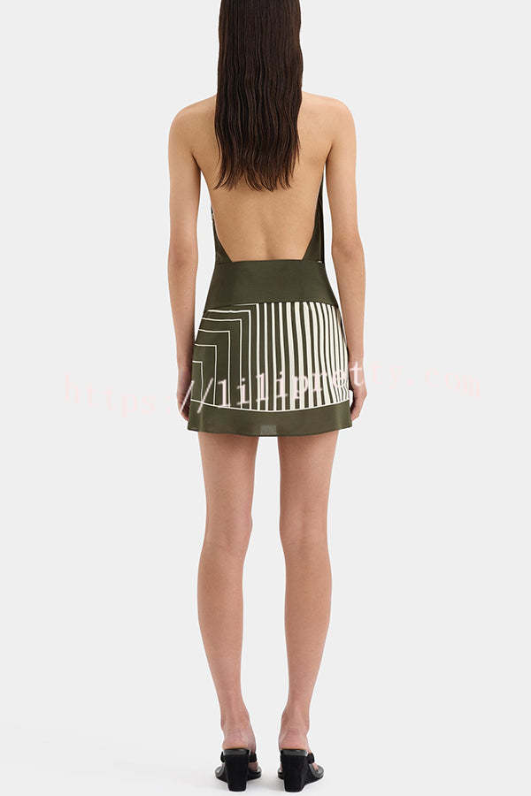 Summer Event⁠ Striped Beads Cowl Neck Backless Tie-up Mini Dress